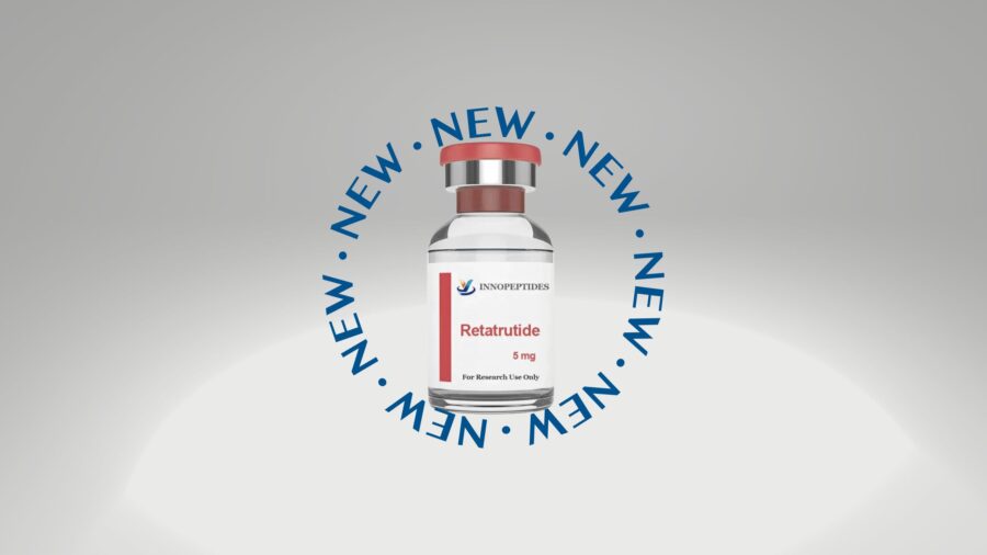 A container of Retatrutide is surrounded by the word new